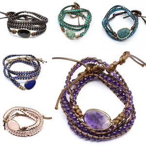 Handmade Natural Stone Wrap Bracelet For Women Men Bohemian Multi-Layer Braided Wax Rope Bracelet With Polished Raw Gemstone Healing Crystal Jewelry Gift