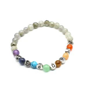 Detail eines 7-Chakra-Armbands aus Naturstein mit 6mm Perlen und silbernen Symbolen