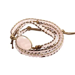 Handmade braided multi-layer wrap bracelet with natural rose quartz beads and stone