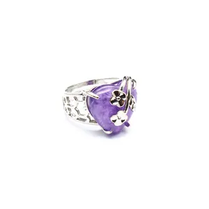 Exquisite amethyst heart-shaped ring with silver rose floral detail and adjustable open band