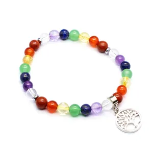 Detailed close-up of a 7 Chakra natural stone bracelet with Tree of Life pendant
