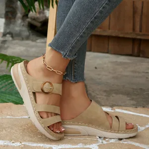 Women's casual wedge platform slippers with open toe and fashionable buckle design
