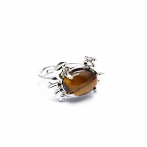 Detailaufnahme eines silbernen Krabbenrings mit einem polierten Tigerauge-Stein.