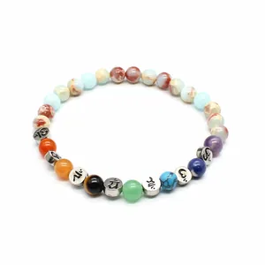 Detailaufnahme eines 6mm Chakra-Armbands aus Natursteinen mit Om-Symbol-Perlen