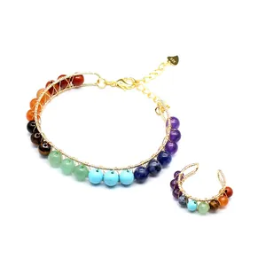 Handmade 14K gold-filled seven chakra bracelet and adjustable ring set with natural stones