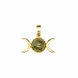 Detailed view of a gold-plated triple moon goddess pendant with a green malachite stone.