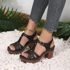 Stylish black block heel sandals for women with fish-mouth design and buckle strap.