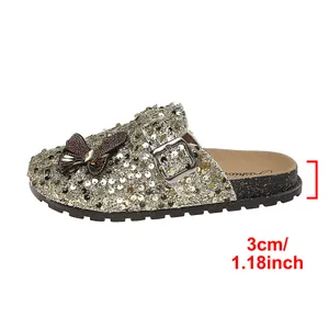 Side view showing 3cm heel height on gold sequin closed-toe fashion women's slippers