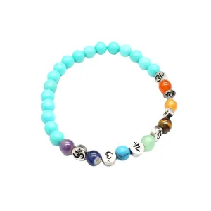 7-Chakra-Armband mit 6-mm-Natursteinperlen und Om-Symbolen für Heilung