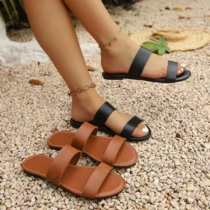 Women Casual Double Strap PU Leather Sandals Summer Soft Sole Beach Slides Plus Size Comfortable Outdoor Slippers Flat Flip Flops