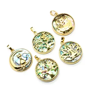 Detailansicht runder Anhänger mit Abalone-Muschel-Einlagen und vergoldeten Designs