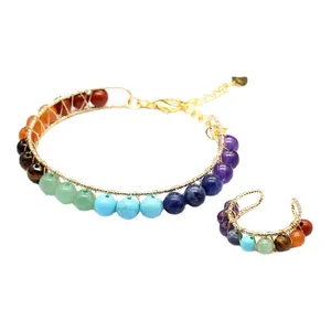 Handmade 7 chakra natural stone bracelet and ring set with 14K gold wire wrap