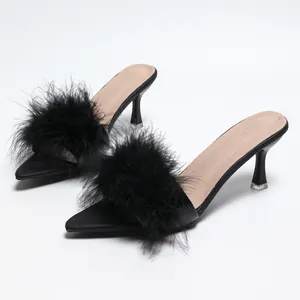 Eleganti sabot neri con tacco alto, dettaglio in ecopelliccia e punta affusolata.