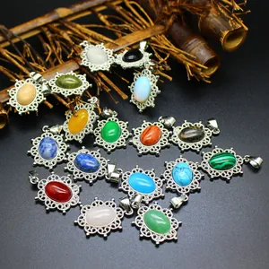 Vintage Hollow Alloy Natural Stone Pendant Necklace Oval Crystal Gemstone Small Jewelry For Women Daily Dating Gift
