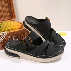 Stylish black platform wedge sandals for women with casual buckle strap design in summer