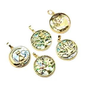 Goldene 24K-Anhänger mit schillernder Abalone-Muschel, Lebensbaum- und Eulenmotiven