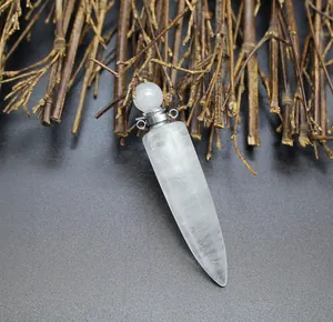 Detailed view of natural clear quartz hexagonal cone aromatherapy perfume bottle pendant