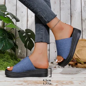 Side detail view of denim blue platform slippers showing the 4.5cm thick sole height