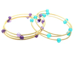 Élégants bracelets joncs spirales 3 couches plaqués or 24 carats avec améthyste et turquoise