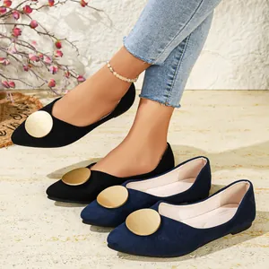 Detalle de bailarinas puntiagudas con hebillas doradas en negro y azul marino