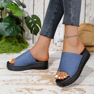 Close-up view of women's denim platform slides with stylish thick woven rubber soles