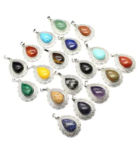 Assorted water drop natural stone pendants with vintage lace border for women.