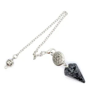 Pendule en obsidienne flocon de neige avec breloque fleur de vie en métal détaillé
