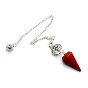 Collier de pendule conique en jaspe rouge naturel avec breloque Fleur de Vie