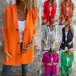 Multi-color collection of women's long sleeve hooded cardigans with button closure
