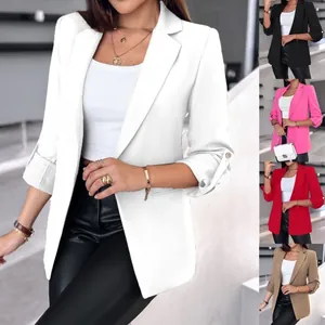 Detail view of women's three-quarter sleeve blazers in multiple solid colors