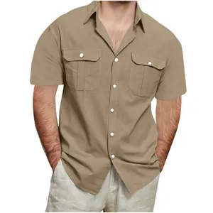 Detailed view of men's khaki cotton linen short sleeve shirt with double chest pockets.