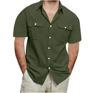 Detail of olive green short sleeve cotton linen shirt with double chest pockets for men