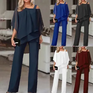 Elegant two-piece chiffon set for women featuring asymmetric top and wide-leg pants.