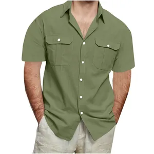 Close-up of olive green cotton linen shirt with double chest pockets and buttons.