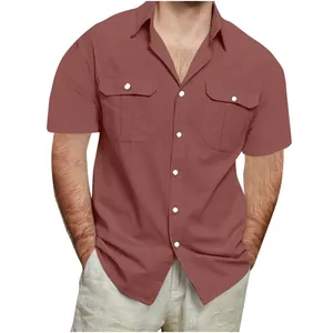 Casual men's short sleeve cotton linen shirt with double pockets in dusty rose color