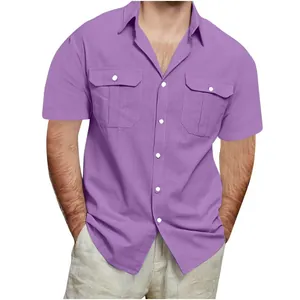 Close-up detail of men's casual lavender cotton linen shirt featuring double chest pockets