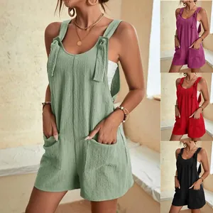 Casual women's cotton linen sleeveless romper with pockets in multiple solid colors