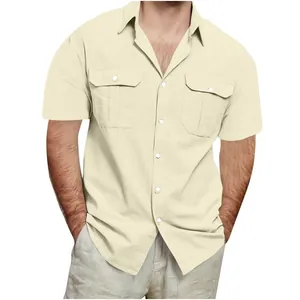 Detailed view of a men's beige cotton linen short-sleeve shirt with double pockets