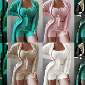 Close-up comparison of fuzzy three-piece loungewear sets in multiple colors