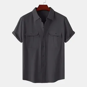 Men's dark grey cotton linen short sleeve shirt with double chest pockets detail