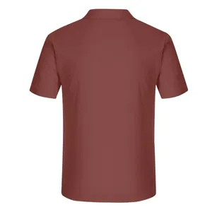 Back view detail of a premium men's casual brick red short-sleeved cotton linen shirt