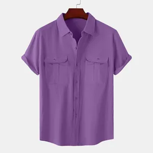 Detailed view of purple short sleeve cotton linen men's shirt with double pockets