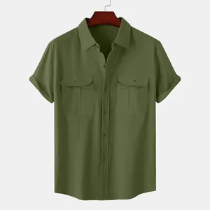 Men's military green short-sleeve cotton linen shirt with double chest pockets detail