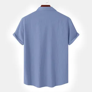 Detail of men's blue cotton linen short sleeve shirt showing back and collar
