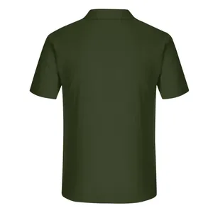 Back view of a men's dark green casual short-sleeved linen cotton shirt for holiday