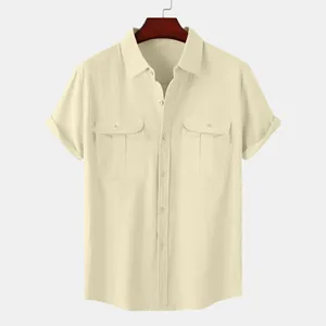 Macro view of the breathable cotton linen fabric on a beige men's short sleeve shirt