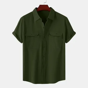 Detailed view of army green cotton linen shirt with double chest pockets for men