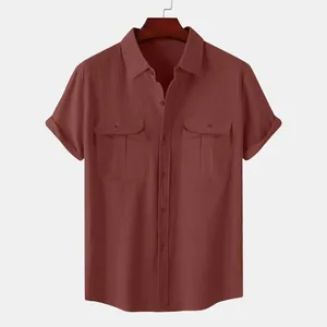 Men's casual rust-colored cotton linen short sleeve shirt featuring dual chest flap pockets.