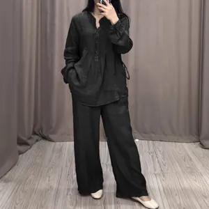 Relaxed fit charcoal black cotton linen tunic and wide-leg trousers set on model