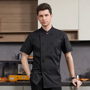 Professional short-sleeved black chef uniform jacket with double-breasted design for summer